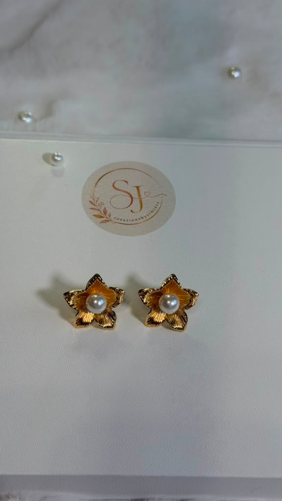 Gold Pearl Flower Stud Earrings