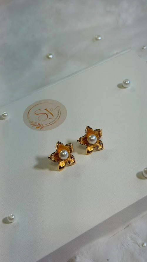 Gold Pearl Flower Stud Earrings